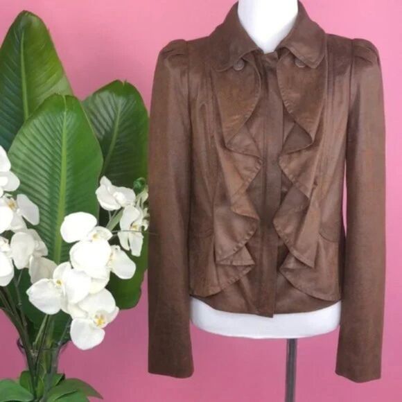 INC International Concepts Brown Ruffle Feminine Zip Up Jacket NWOT - Picture 3 of 8